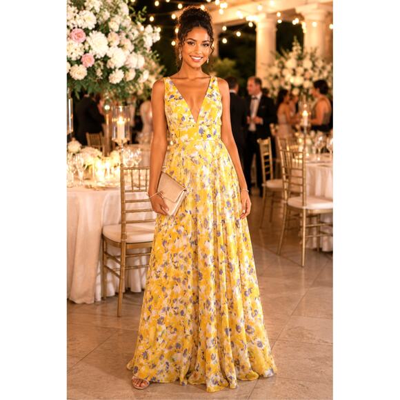 Mac Duggal Dresses & Skirts - New with tags Mac Duggal 70206 Yellow Floral Maxi Dress Plunge V Size 0